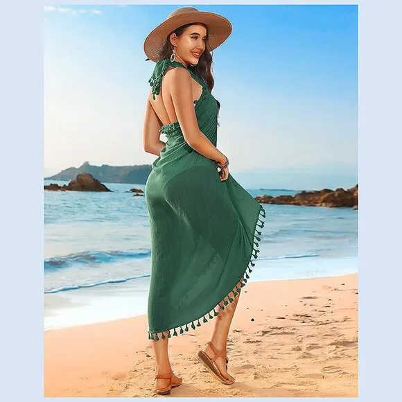 Beach Sarong Pareo Womens Semi-Sheer Swimwear 20-atrovirens-long - Picture 5 of 6